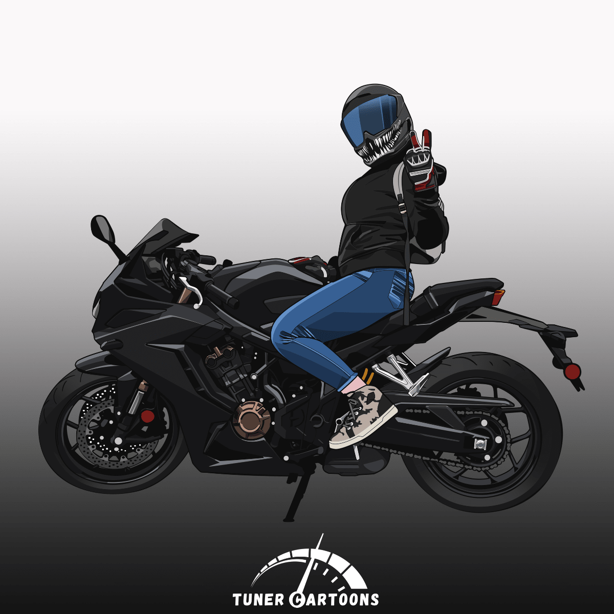 Custom Drawing Style Motorcycle Drawing with Rider - Tuner Cartoons